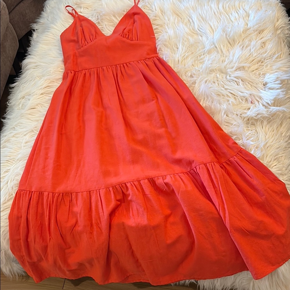 Jessica Simpson Orange Ruched Tiered Midi Dress